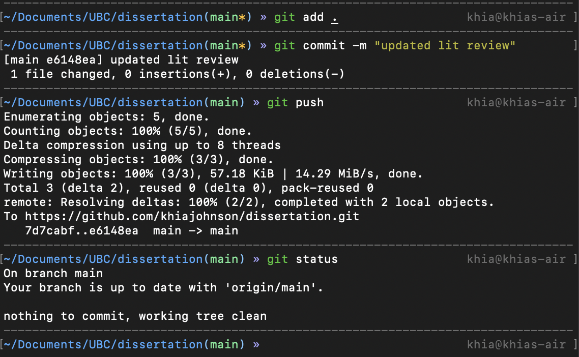 Screenshots with following command line text: git add .; git commit -m &ldquo;updated lit review&rdquo;; git push; git status